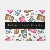 コーヒーカップ、コーヒー豆、ハート、あなたの名前 ドアマット (正面)