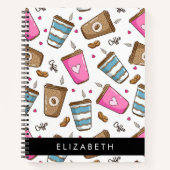 コーヒーカップ、コーヒー豆、ハート、あなたの名前 ノートブック (正面)