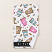 コーヒーカップ、コーヒー豆、ハート、あなたの名前 バスタオルセット (ハンドタオル)