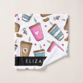 コーヒーカップ、コーヒー豆、ハート、あなたの名前 バスタオルセット (ウォッシュタオル)