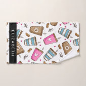 コーヒーカップ、コーヒー豆、ハート、あなたの名前 バスタオルセット (ハンドタオル)