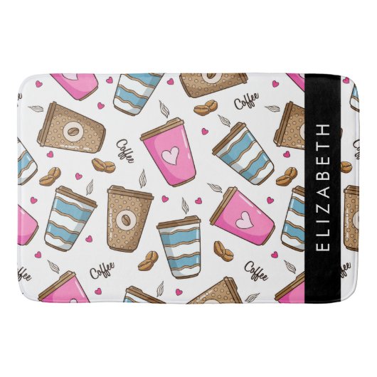 コーヒーカップ、コーヒー豆、ハート、あなたの名前 バスマット (正面)