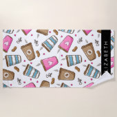 コーヒーカップ、コーヒー豆、ハート、あなたの名前 ビーチタオル (正面)