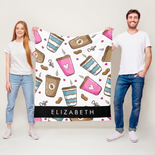 コーヒーカップ、コーヒー豆、ハート、あなたの名前 フリースブランケット (インサイチュ)