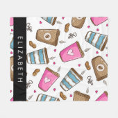 コーヒーカップ、コーヒー豆、ハート、あなたの名前 フリースブランケット (正面(横))