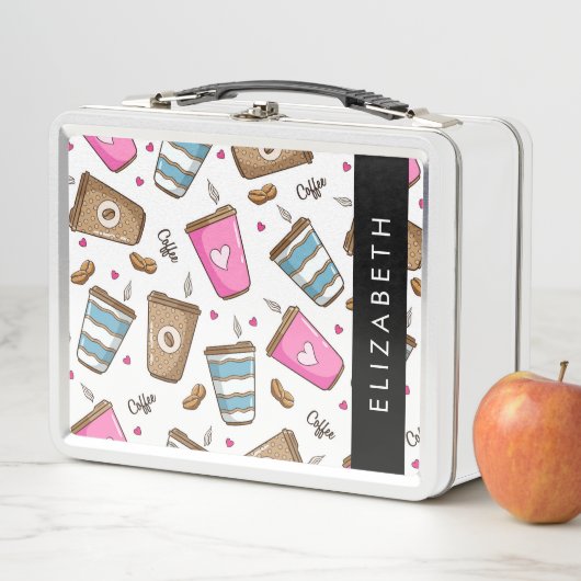 コーヒーカップ、コーヒー豆、ハート、あなたの名前 メタルランチボックス (インサイチュ)