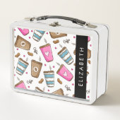 コーヒーカップ、コーヒー豆、ハート、あなたの名前 メタルランチボックス (正面)