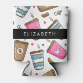 コーヒーカップ、コーヒー豆、ハート、あなたの名前 缶クーラー (正面)