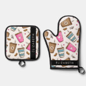 コーヒーカップ、コーヒー豆、ハート、あなたの名前 鍋つかみ&鍋敷きセット (正面)