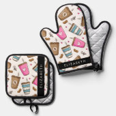 コーヒーカップ、コーヒー豆、ハート、あなたの名前 鍋つかみ&鍋敷きセット (正面/裏面)