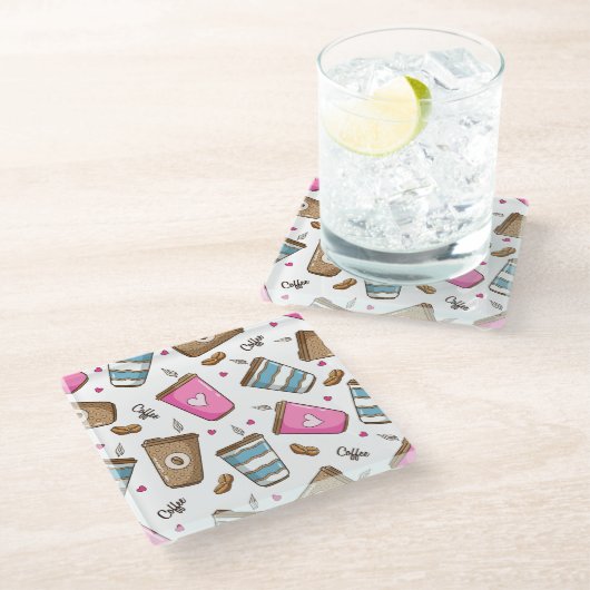 コーヒーカップ、コーヒー豆、ハート、コーヒー愛好家 ガラスコースター (アングル)