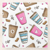 コーヒーカップ、コーヒー豆、ハート、コーヒー愛好家 ガラスコースター (正面)