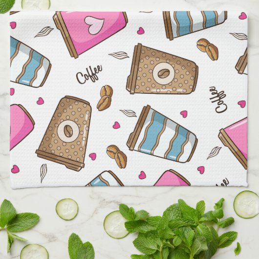 コーヒーカップ、コーヒー豆、ハート、コーヒー愛好家 キッチンタオル (折り畳み)