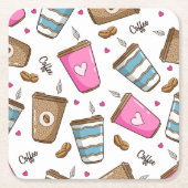 コーヒーカップ、コーヒー豆、ハート、コーヒー愛好家 スクエアペーパーコースター (正面)