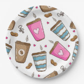 コーヒーカップ、コーヒー豆、ハート、コーヒー愛好家 ペーパープレート (正面)