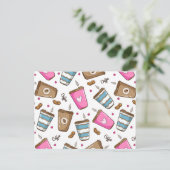 コーヒーカップ、コーヒー豆、ハート、コーヒー愛好家 ポストカード (スタンド正面)