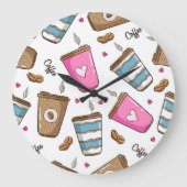 コーヒーカップ、コーヒー豆、ハート、コーヒー愛好家 ラージ壁時計 (正面)