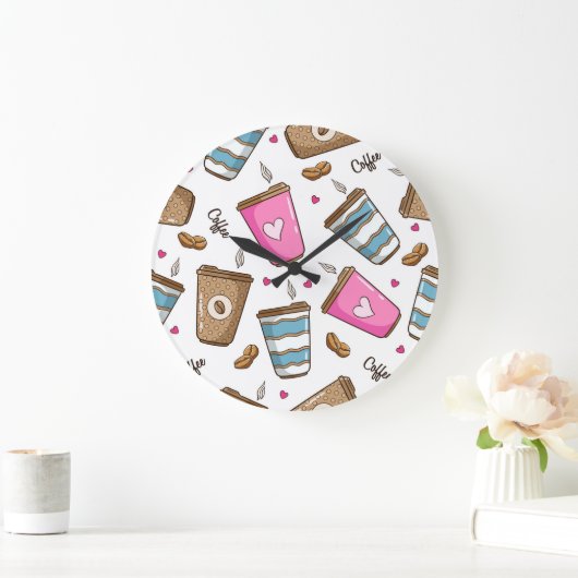 コーヒーカップ、コーヒー豆、ハート、コーヒー愛好家 ラージ壁時計 (ホーム)