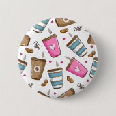 コーヒーカップ、コーヒー豆、ハート、コーヒー愛好家 缶バッジ (正面)