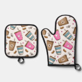 コーヒーカップ、コーヒー豆、ハート、コーヒー愛好家 鍋つかみ&鍋敷きセット (正面)