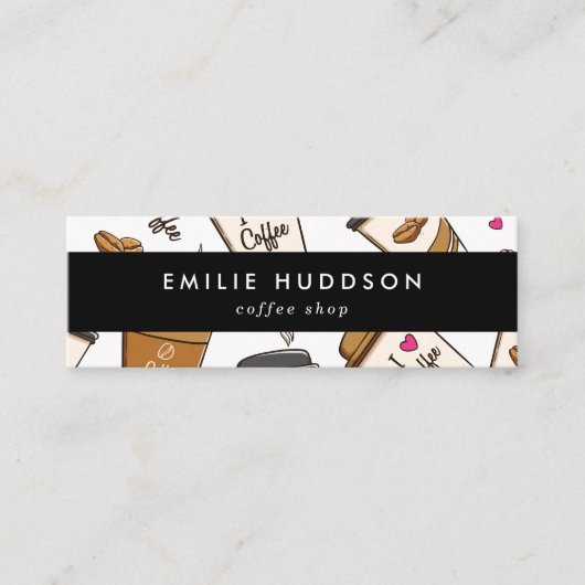 コーヒーカップ、コーヒー豆、バリスタ、コーヒーショップ スキニー名刺 (正面)