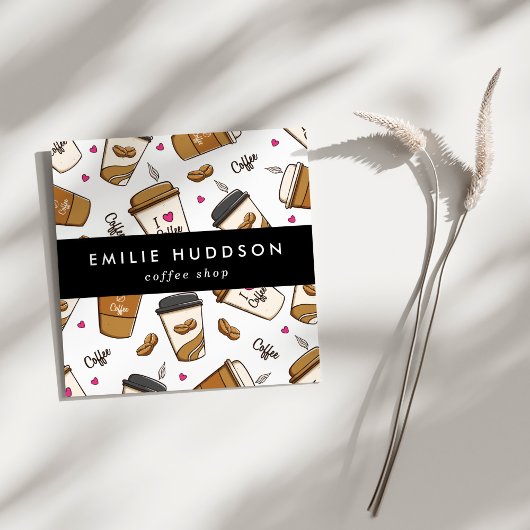 コーヒーカップ、コーヒー豆、バリスタ、コーヒーショップ スクエア名刺