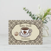 コーヒーカップ,ダマスクの上のケーキ,パーティー招待状 招待状 (スタンド正面)