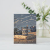 コーヒーカップ ヴィンテージ 本 キャンドル 青空 雲 ポストカード (スタンド正面)