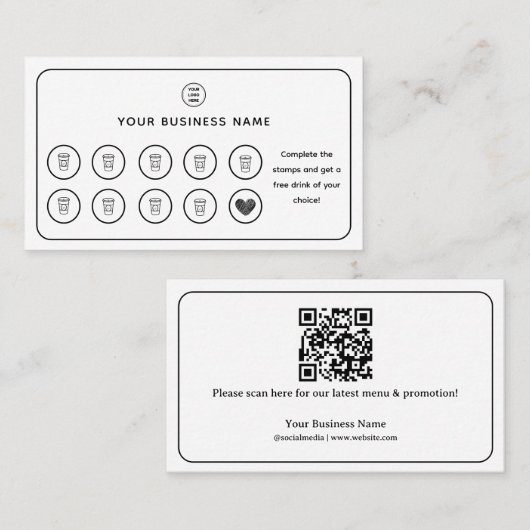 コーヒーカップQRコードあなたのロゴを追加 ロイヤリティカード (正面/裏面)