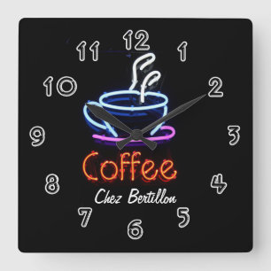 コーヒーカフェネオンサインパーソナライズされた スクエア壁時計