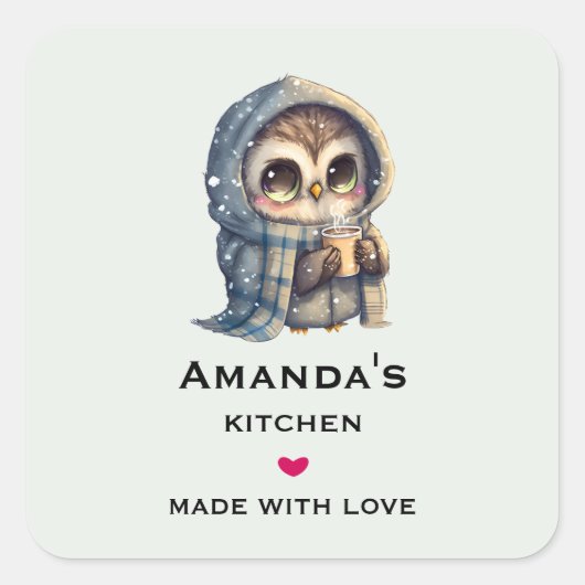 コーヒーキッチンを置いたかわいい大きな目のフクロウ スクエアシール (正面)