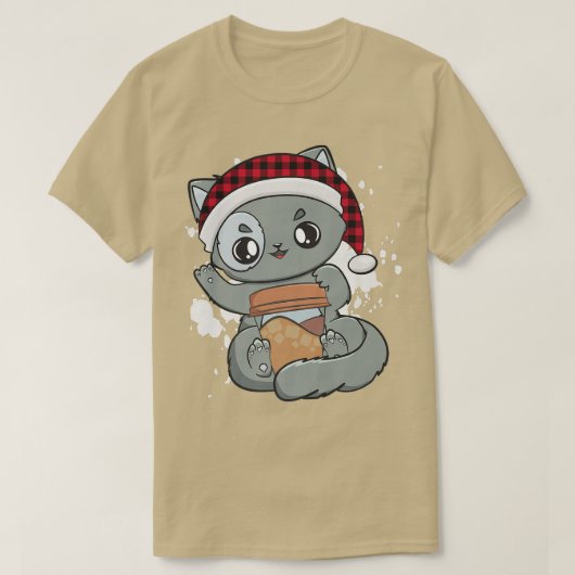 コーヒーキャットアニメかわいいかわいいチビ(小さくかわいく書いた感じ)キッテンクリスマ Tシャツ (デザイン正面)