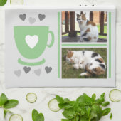 コーヒーキャットペットの生活は素晴らしい写真グレーグリーン キッチンタオル (折り畳み)