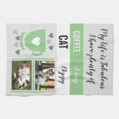 コーヒーキャットペットの生活は素晴らしい写真グレーグリーン キッチンタオル (横)