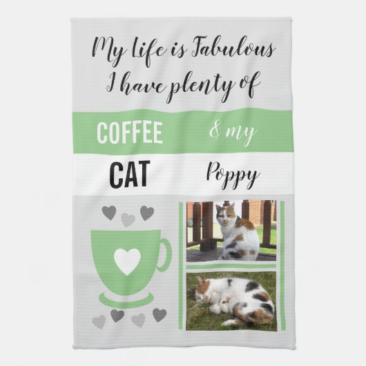 コーヒーキャットペットの生活は素晴らしい写真グレーグリーン キッチンタオル (縦)