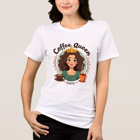 コーヒークイーン：王冠とコーヒーを持つ王女 トライブレンドＴシャツ (正面)