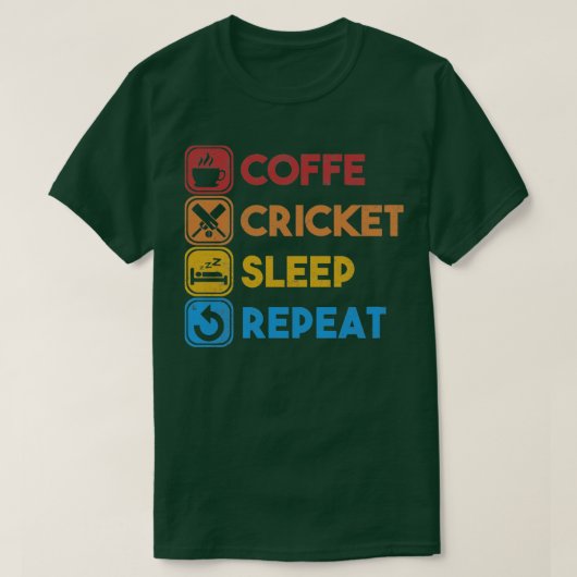 コーヒークリケットスリープリピートヴィンテージクリケットデザイン Tシャツ (デザイン正面)