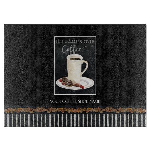 コーヒーショップのラテとデザートで人生が起こる カッティングボード (正面)