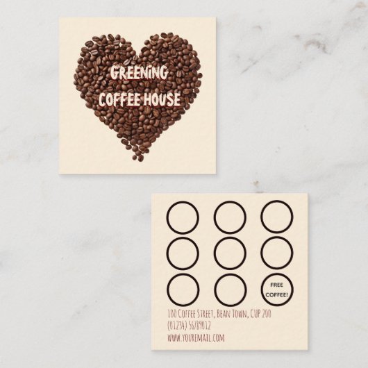 コーヒーショップロイヤリティカードカフェ豆 スクエア名刺 (正面/裏面)