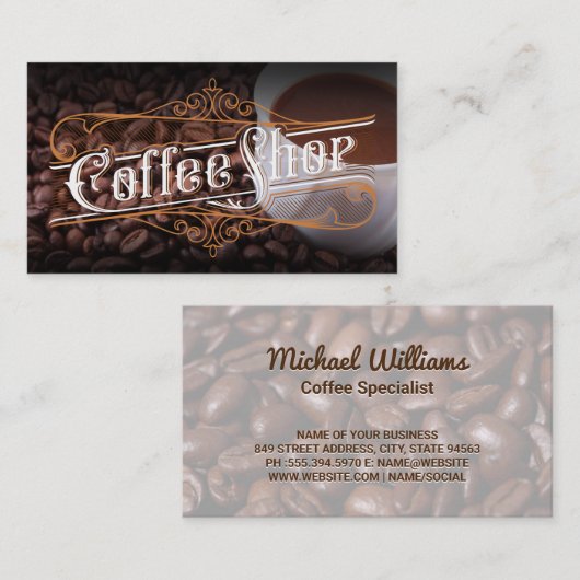 コーヒーショップヴィンテージレタリング | カップと豆 名刺 (正面/裏面)