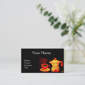 コーヒーショップ/バー/レッドイエローコーヒーカップ、コーヒーポット 名刺 (スタンド正面)