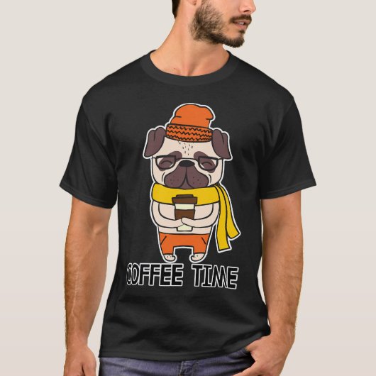 コーヒータイムの漫画風パグ Tシャツ (正面)