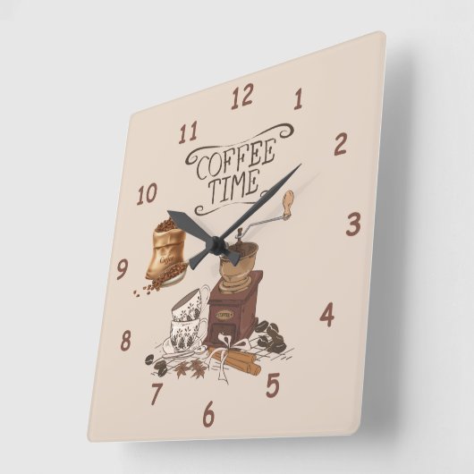 コーヒータイムグラインダー及びコーヒー豆のバッグ スクエア壁時計 (傾斜)