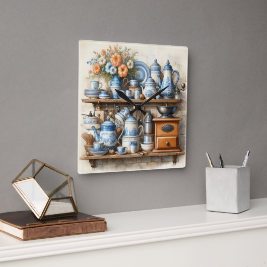 コーヒータイムヴィンテージコーヒーセットブルーホワイト スクエア壁時計 (オフィス)