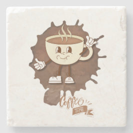 **コーヒータイム – かわいい笑顔のカップと湯気 ストーンコースター
