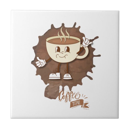 **コーヒータイム – かわいい笑顔のカップと湯気 タイル (正面)