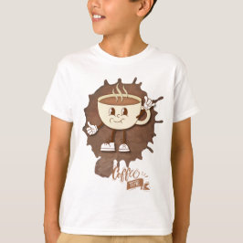 **コーヒータイム – かわいい笑顔のカップと湯気 Tシャツ
