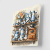 コーヒータイム ヴィンテージ コーヒーセット 青 白 スクエア壁時計 (傾斜)