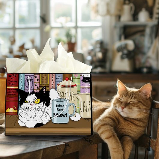 コーヒータキシードおもしろい猫 ラージペーパーバッグ