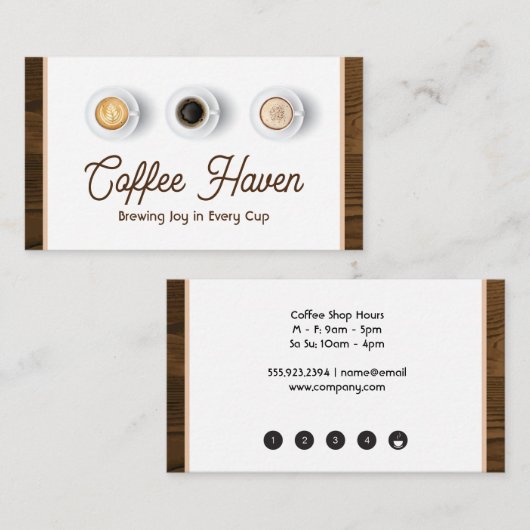 コーヒードリンクの上面 |木製トリム |パンチカード ロイヤリティカード (正面/裏面)